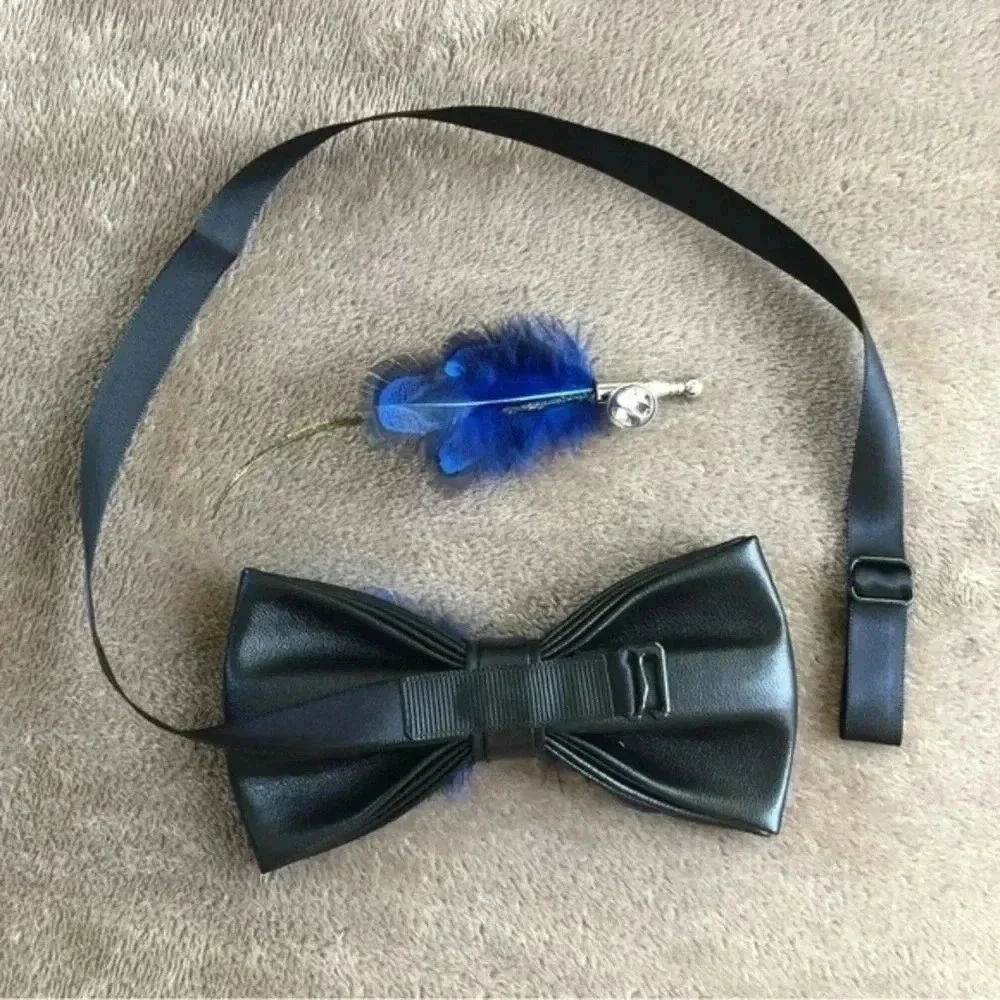 Spotted Black & Cobalt Luxury Leather Feather Bowtie and Lapel Pin Set Italy - Picture 3 of 5